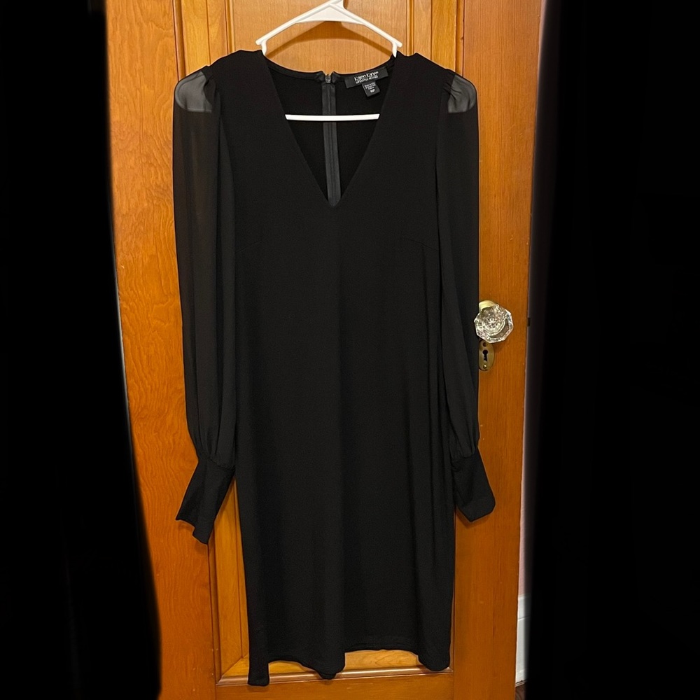 Karen Kane Petite Size Black Sheer Sleeve Dress
